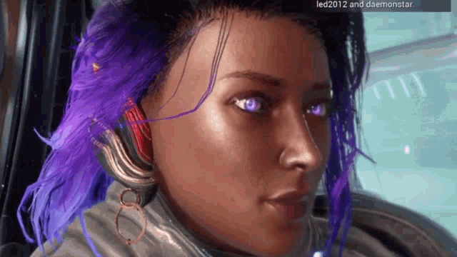 a close up of a woman 's face with purple hair