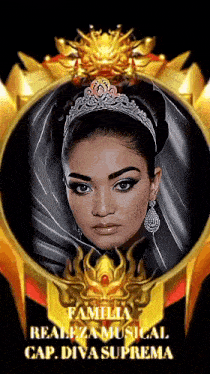 a picture of a woman with a tiara and the words familia realleza musical cap diva suprema on the bottom
