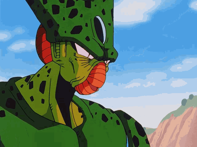 a close up of a green cartoon character 's face with a blue sky in the background