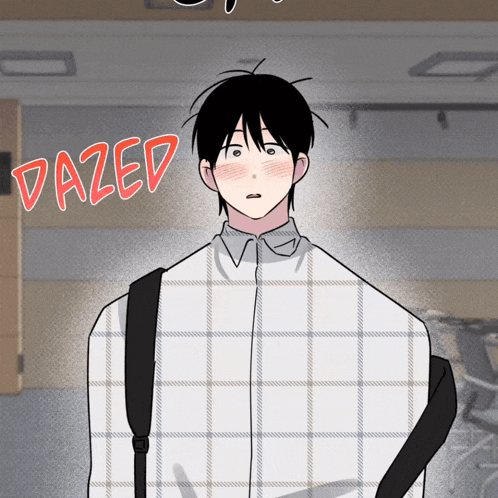 a man wearing a plaid shirt has the word dazed written on his face