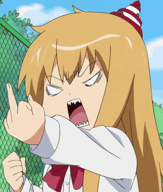 a cartoon girl with a red white and blue hat is giving the middle finger