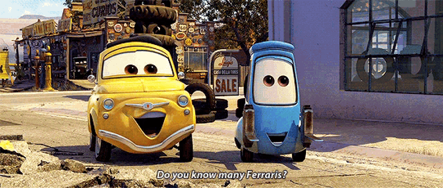 two cartoon cars are standing next to each other in front of a store that has a sign that says sale