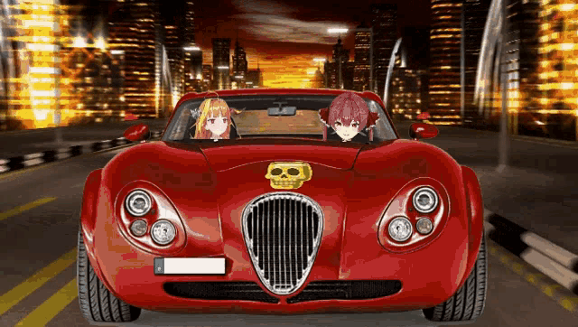 a red car with a skull and crossbones on the front