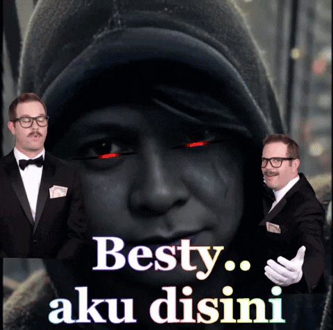 a man in a tuxedo stands in front of a woman with red eyes and the words besty aku disini