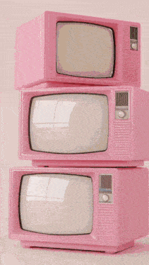 three pink televisions stacked on top of each other with a rainbow colored screen
