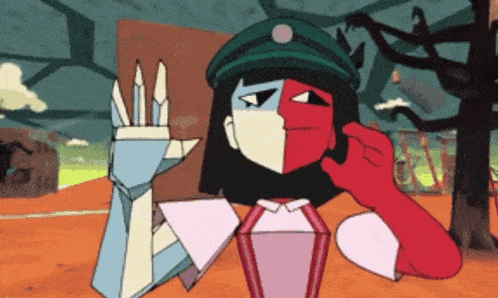 a cartoon character with a green hat and a red and white face