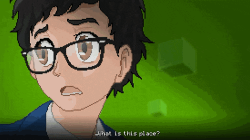 a pixel art drawing of a boy with glasses asking " what is this place "