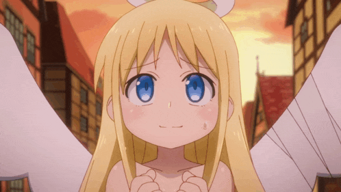 a girl with blonde hair and blue eyes has wings