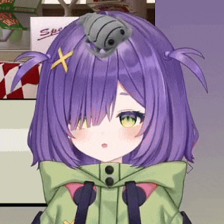 a girl with purple hair is wearing a green jacket and has a frog on her head .