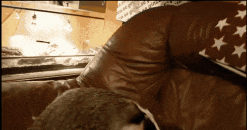 a dog is laying on a brown leather couch with an american flag behind it
