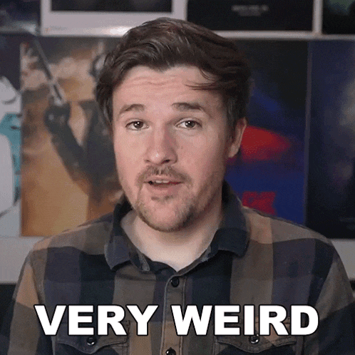 a man in a plaid shirt says very weird in white letters
