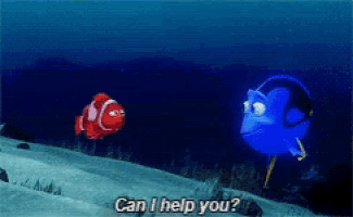 a clown fish and a blue fish are swimming in the ocean and the clown fish is asking the blue fish if he can help him
