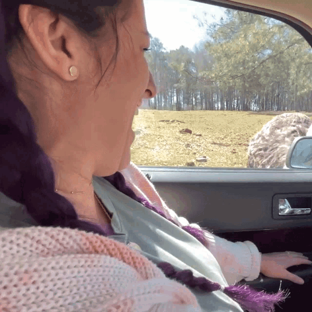 a woman with purple hair is sitting in a car looking out the window