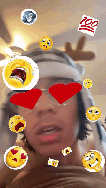 a man with a bandage on his head is surrounded by smiley faces including one that says 100