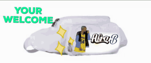 a white bag with a picture of a man and the words your welcome