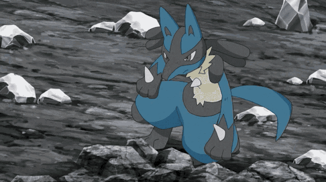 a black and white cartoon of a pokemon with a blue tail