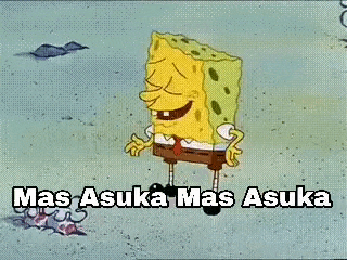 a cartoon of spongebob squarepants laughing with the words `` mas asuka mas asuka '' written on the bottom .