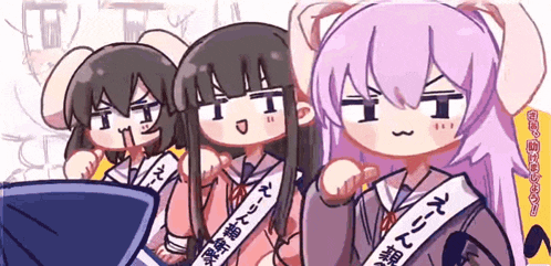 three anime girls are standing next to each other and one of them is wearing a sash that says ' a ' on it