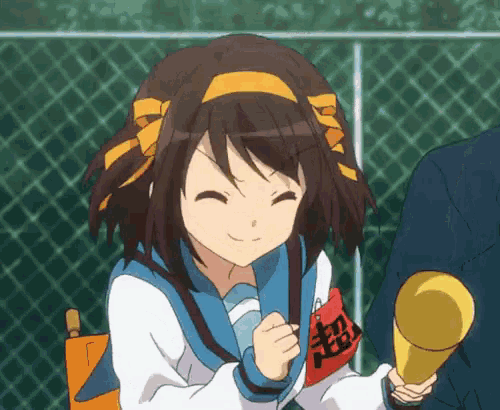 a girl holding a megaphone with a red tag that says " super " on it