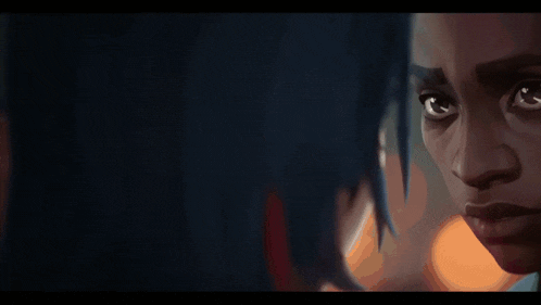a woman with blue hair looks at a man 's face