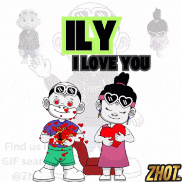 a cartoon of a boy and girl holding a heart with the words ily i love you