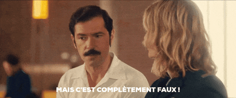 a man with a mustache is talking to a woman with the words mais c est completement faux