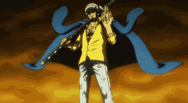a man in a yellow and blue outfit is holding a gun