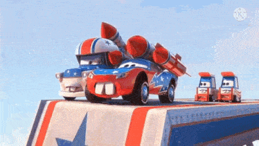 a cartoon truck is towing a rocket and a forklift is standing next to it .
