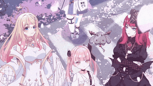 a group of anime girls are standing next to each other with one holding a bat