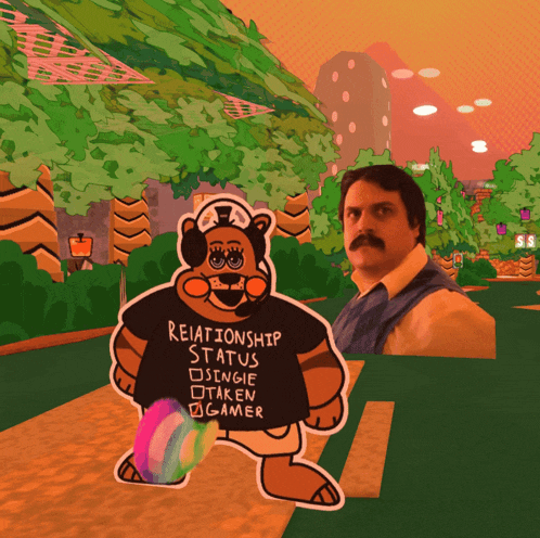 a man with a mustache is standing next to a cartoon bear wearing a relationship status shirt