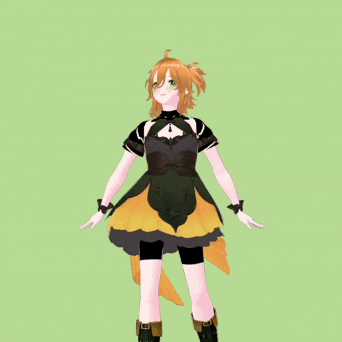 a 3d model of a girl wearing a yellow and black dress