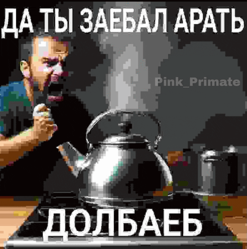 a man is yelling at a tea kettle on a stove top .