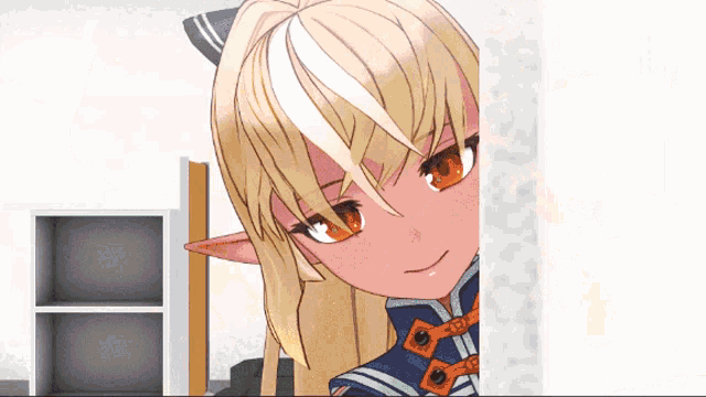 a cartoon character with blonde hair and orange eyes looks out from behind a wall