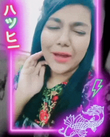 a woman with her eyes closed is in a neon frame with a dragon and lightning bolt
