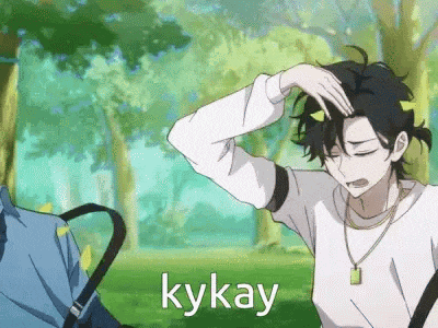 a man is scratching his head in a park with the word kykay written on the bottom