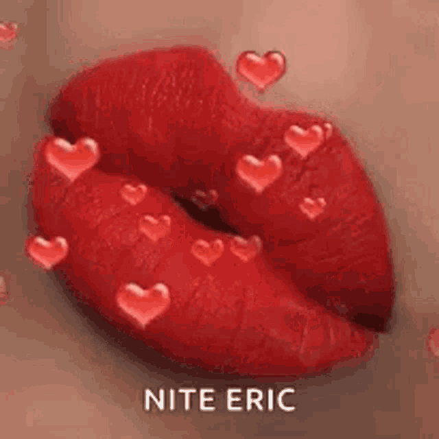 a close up of a woman 's lips with red lipstick and hearts flying around them .
