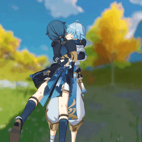 two anime characters are hugging each other in a field