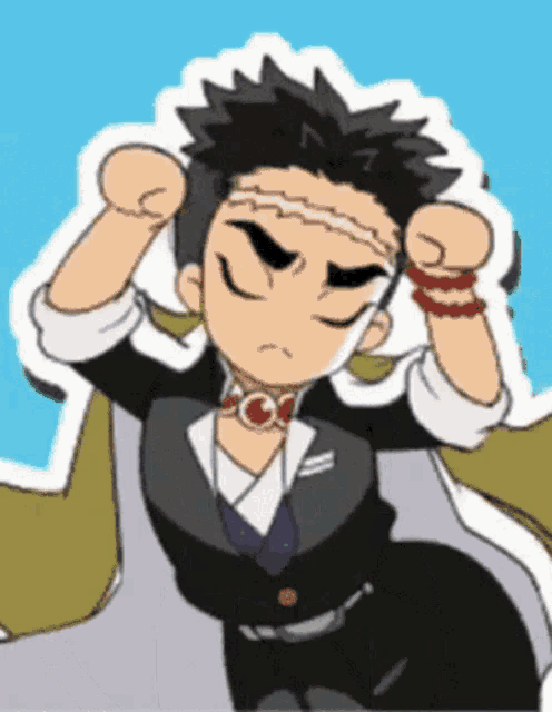 a cartoon drawing of a man with his eyes closed and his fist in the air