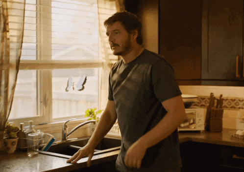 a man in a black shirt stands in a kitchen near a sink