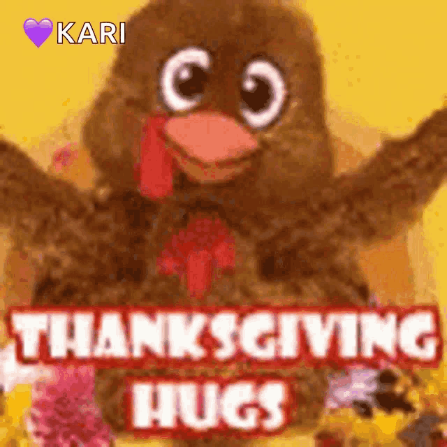 a picture of a stuffed turkey with the words thanksgiving hugs on it