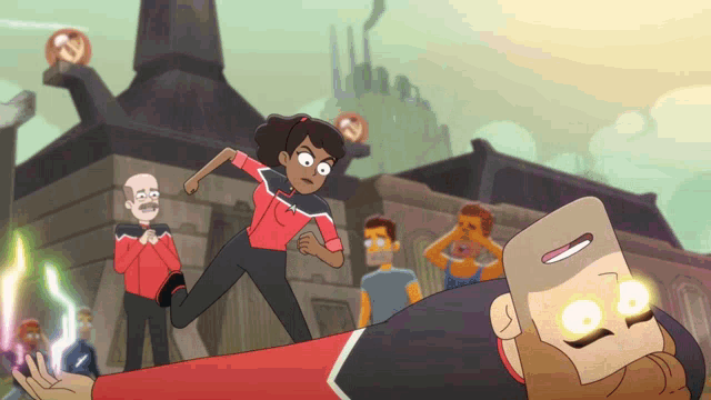 a cartoon shows a man laying on the ground while a woman runs behind him