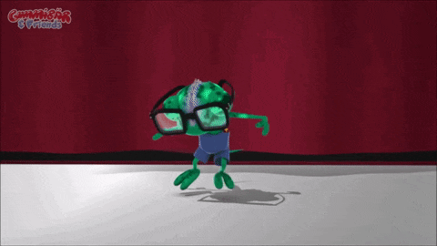 a cartoon of a green frog wearing glasses and a blue shirt with the words gummifrogs & friends written on the bottom