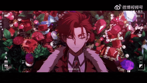 a man with red hair is laying in a field of flowers with a recorder recording him