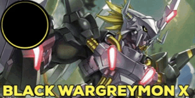 a picture of a black wargreymon x with a black circle around it