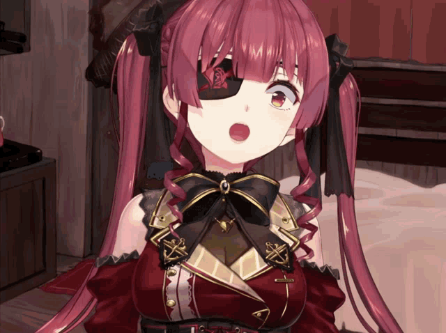 a girl with pink hair and a red eye patch