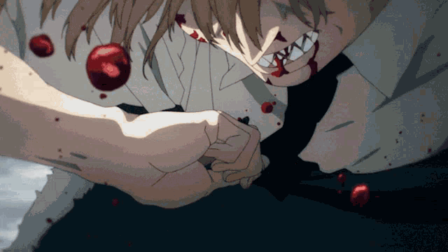 a close up of a person 's face with blood on it