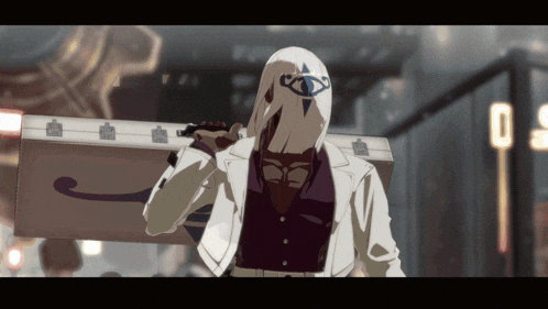 a man in a white jacket carrying a briefcase with the number 0 in the corner