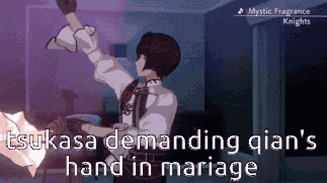 a screenshot of a video game that says tsukasa demanding qian 's hand in marriage
