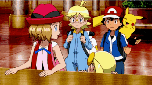 a group of cartoon characters are standing around a table and one of them has a pikachu on his back