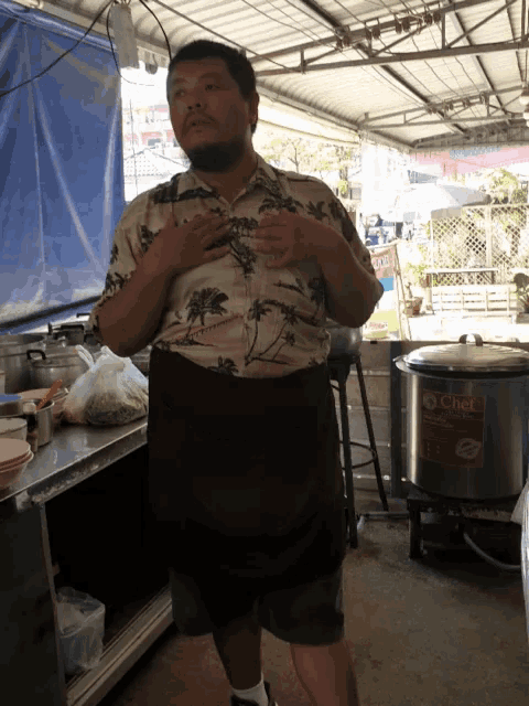 a man in a hawaiian shirt stands in front of a chef brand pot